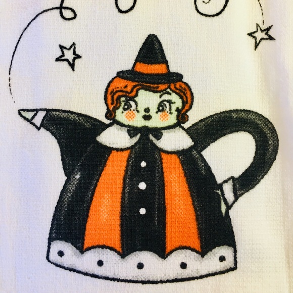 2 Halloween Johanna Parker Witch Teapot Kitchen Towels Ric Rac Ribbon Edge - Picture 2 of 7